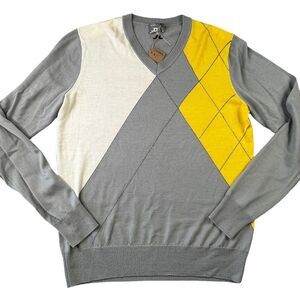 J Lindeberg Mens V Neck Sweater Size XL Gray Yellow Argyle 100% Wool Knit Golf